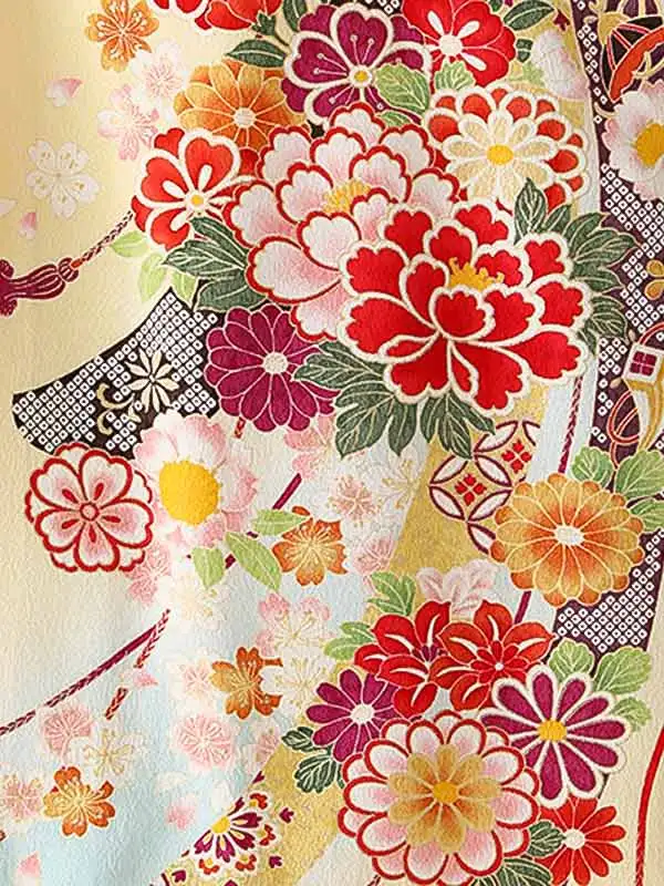 振袖0264 淡黄 水色 熨斗 花模様