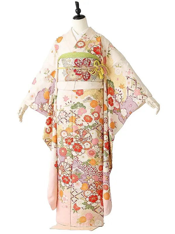 振袖0265 白 熨斗 花模様