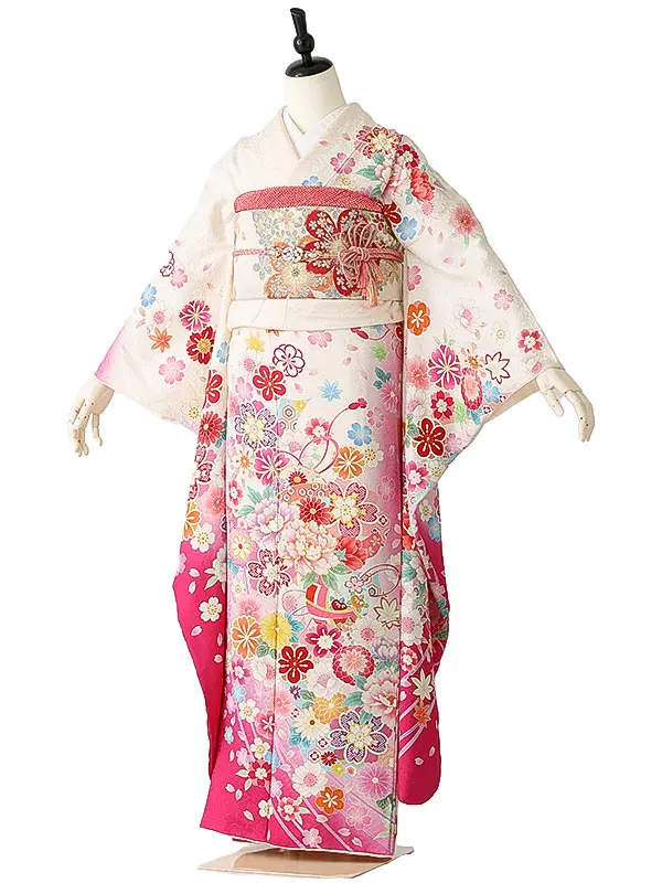 振袖0266 白 ピンク 鞠 花模様