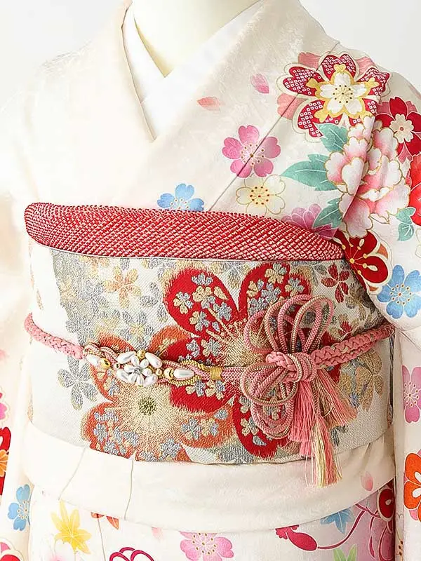 振袖0266 白 ピンク 鞠 花模様