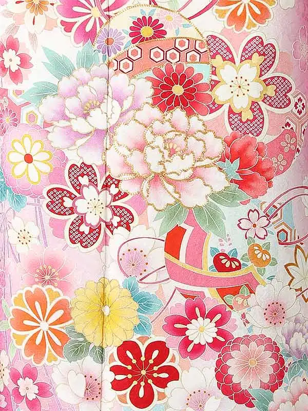 振袖0266 白 ピンク 鞠 花模様