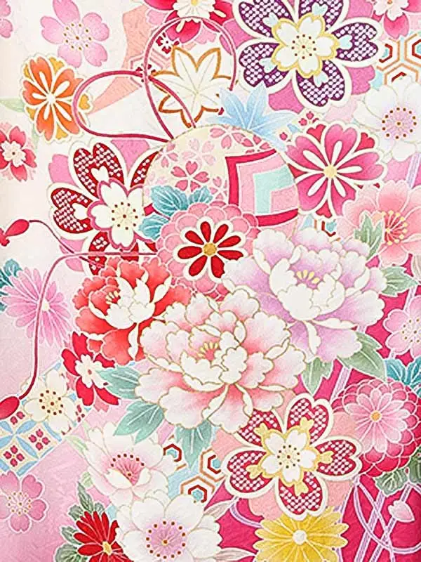 振袖0266 白 ピンク 鞠 花模様