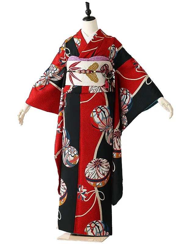 振袖0267 赤 黒 鞠 レトロ