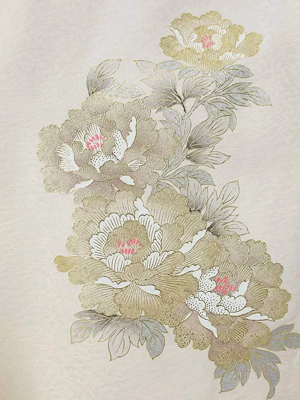 訪問着0082【正絹】ベージュ 牡丹 鶴 桂由美 トールサイズ