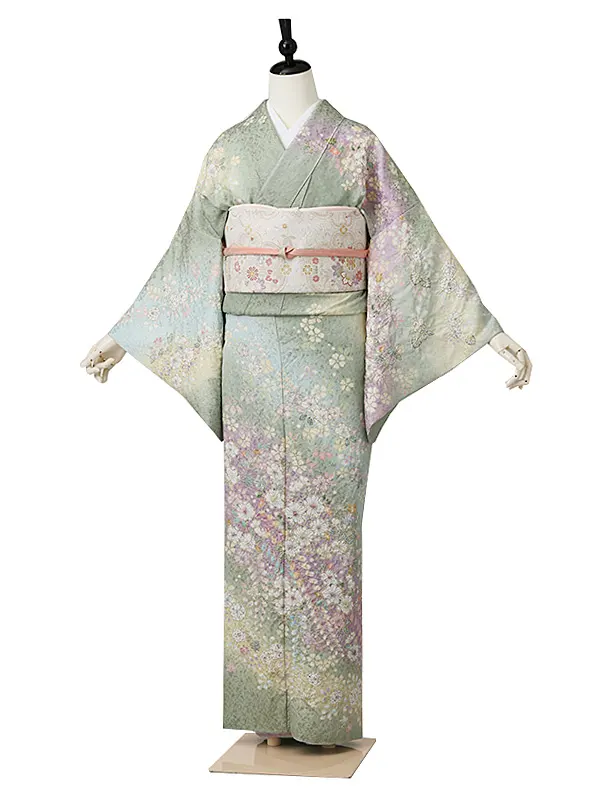 訪問着0088  黄緑 薄紫 桜 辻々花