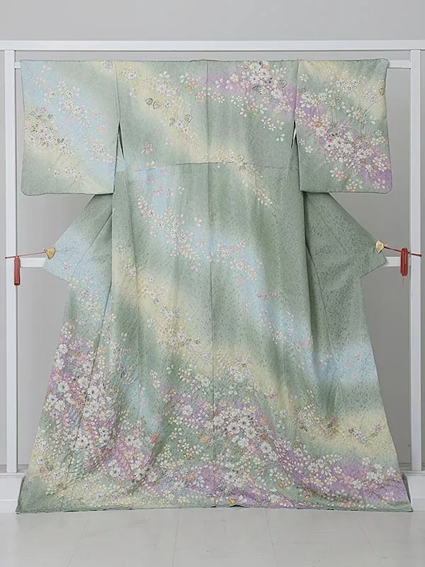 訪問着0088  黄緑 薄紫 桜 辻々花
