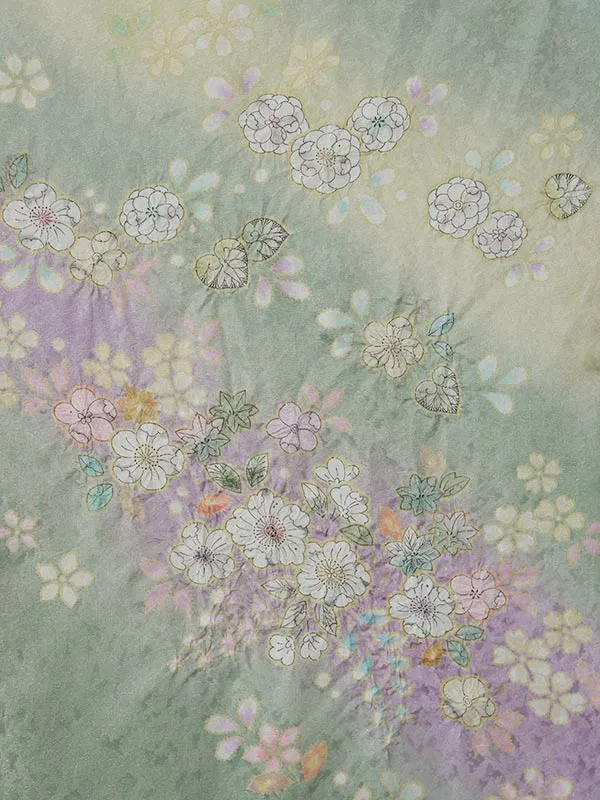 訪問着0088  黄緑 薄紫 桜 辻々花