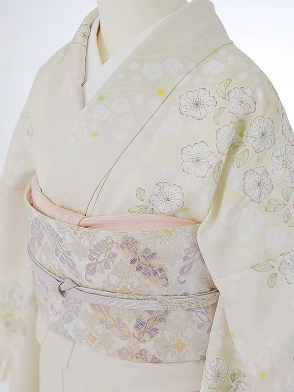 訪問着0089【正絹】淡黄 桜 流水 桂由美