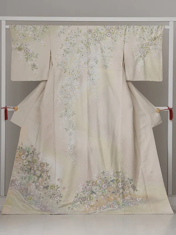 訪問着0089【正絹】淡黄 桜 流水 桂由美