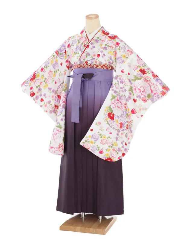 女性袴レンタル0737 白地ﾊｰﾄ×紫ｸﾞﾗﾃﾞ