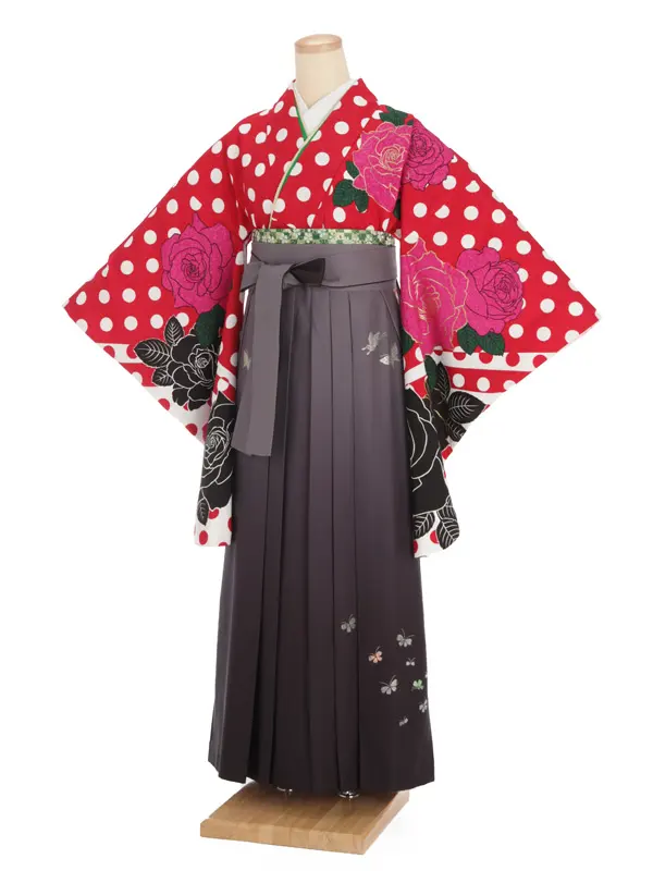 女性袴レンタル0742 赤水玉×黒ぼかし