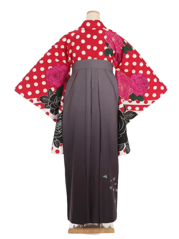 女性袴レンタル0742 赤水玉×黒ぼかし