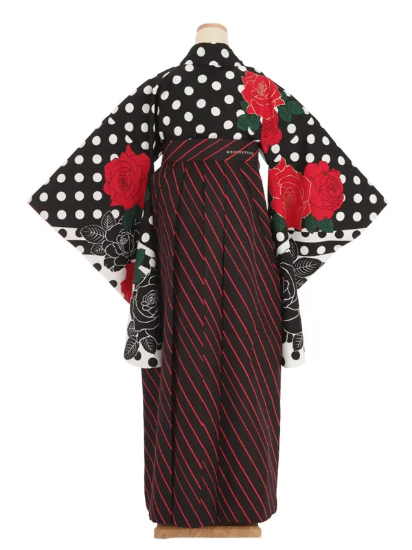 女性袴レンタル0743 黒水玉×黒ｽﾄﾗｲﾌﾟ