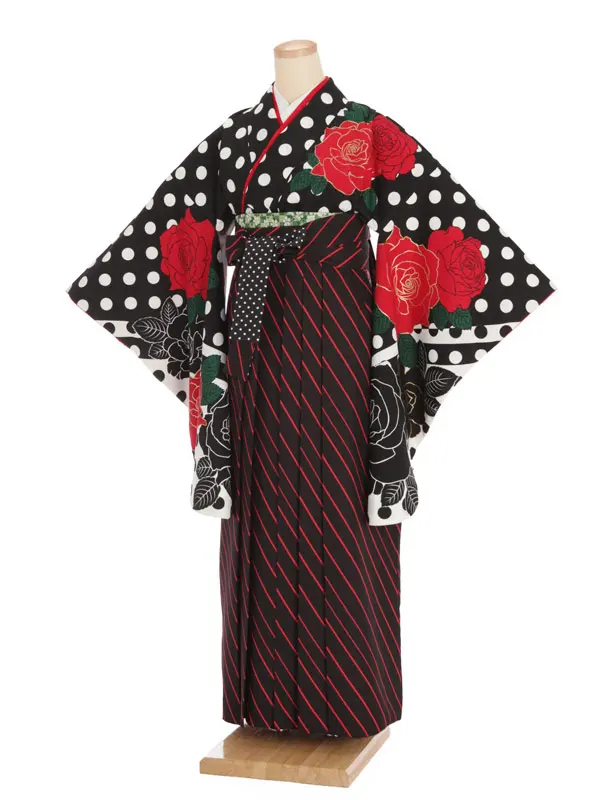 女性袴レンタル0743 黒水玉×黒ｽﾄﾗｲﾌﾟ