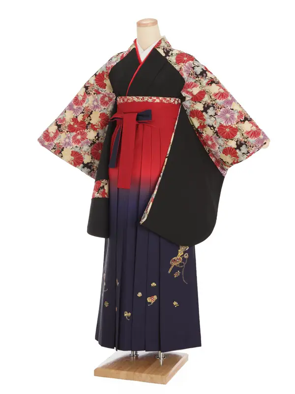 女性袴レンタル0747 黒菊×赤紺