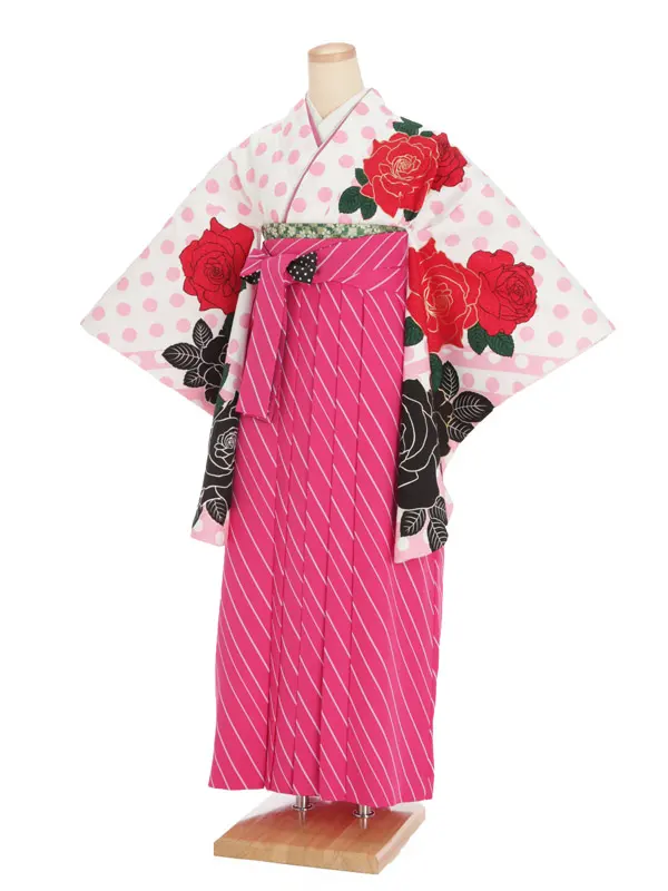 女性袴レンタル0748 ﾋﾟﾝｸ水玉×ピンクｽﾄﾗｲﾌﾟ