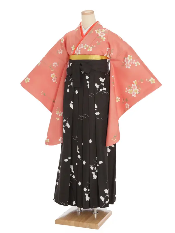女性袴レンタル0750 ｻｰﾓﾝピンク×黒白花