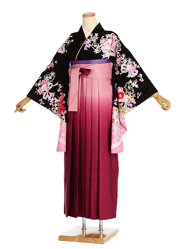 女性袴レンタル0755 黒ﾋﾟﾝｸぼかしﾘﾎﾞﾝﾌﾞｰｹ×ﾋﾟﾝｸｸﾞﾗﾃﾞ