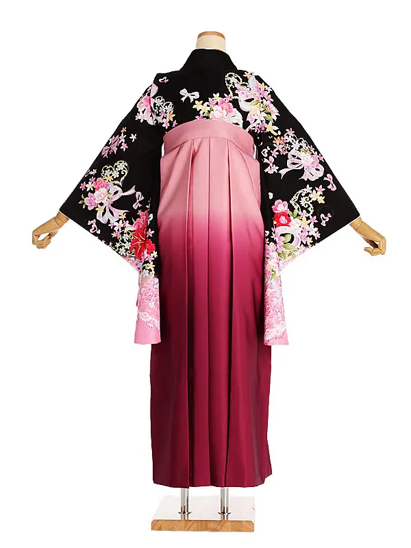 女性袴レンタル0755 黒ﾋﾟﾝｸぼかしﾘﾎﾞﾝﾌﾞｰｹ×ﾋﾟﾝｸｸﾞﾗﾃﾞ