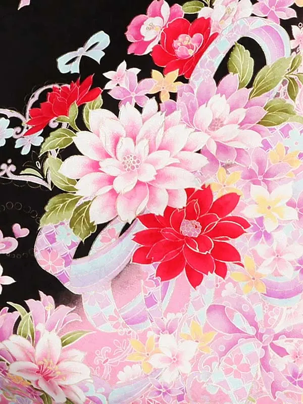 女性袴レンタル0755 黒ﾋﾟﾝｸぼかしﾘﾎﾞﾝﾌﾞｰｹ×ﾋﾟﾝｸｸﾞﾗﾃﾞ