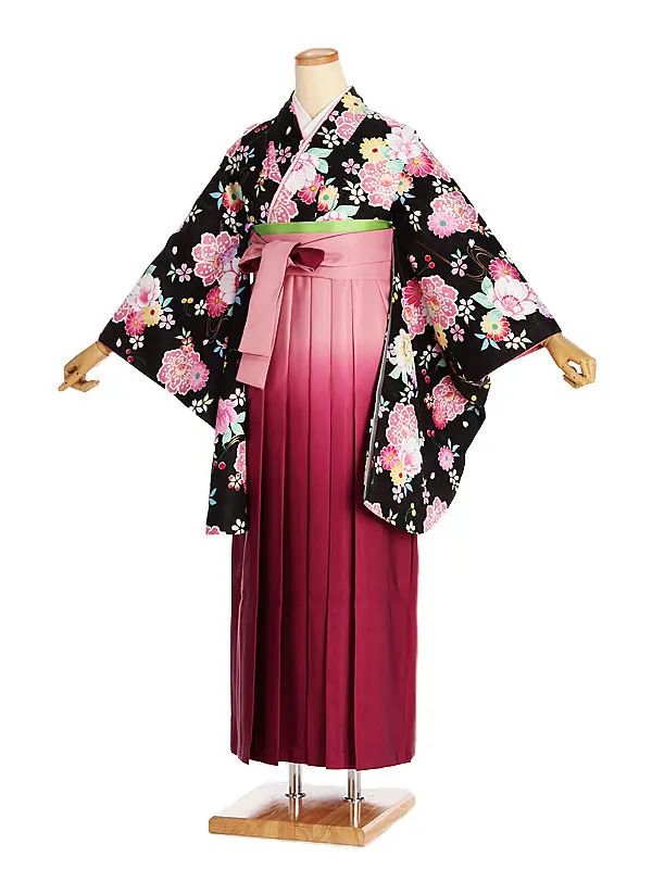女性袴レンタル0758 黒ﾋﾟﾝｸ花ｻｸﾗﾝﾎﾞ×ﾋﾟﾝｸｸﾞﾗﾃﾞ