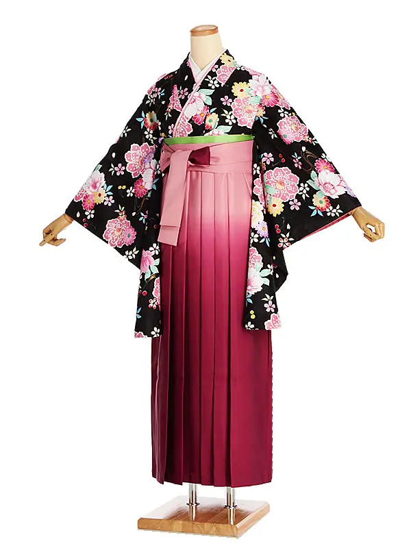 女性袴レンタル0758 黒ﾋﾟﾝｸ花ｻｸﾗﾝﾎﾞ×ﾋﾟﾝｸｸﾞﾗﾃﾞ