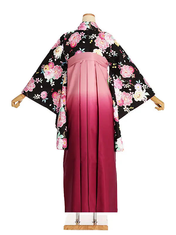 女性袴レンタル0758 黒ﾋﾟﾝｸ花ｻｸﾗﾝﾎﾞ×ﾋﾟﾝｸｸﾞﾗﾃﾞ