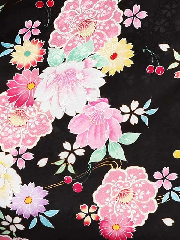 女性袴レンタル0758 黒ﾋﾟﾝｸ花ｻｸﾗﾝﾎﾞ×ﾋﾟﾝｸｸﾞﾗﾃﾞ