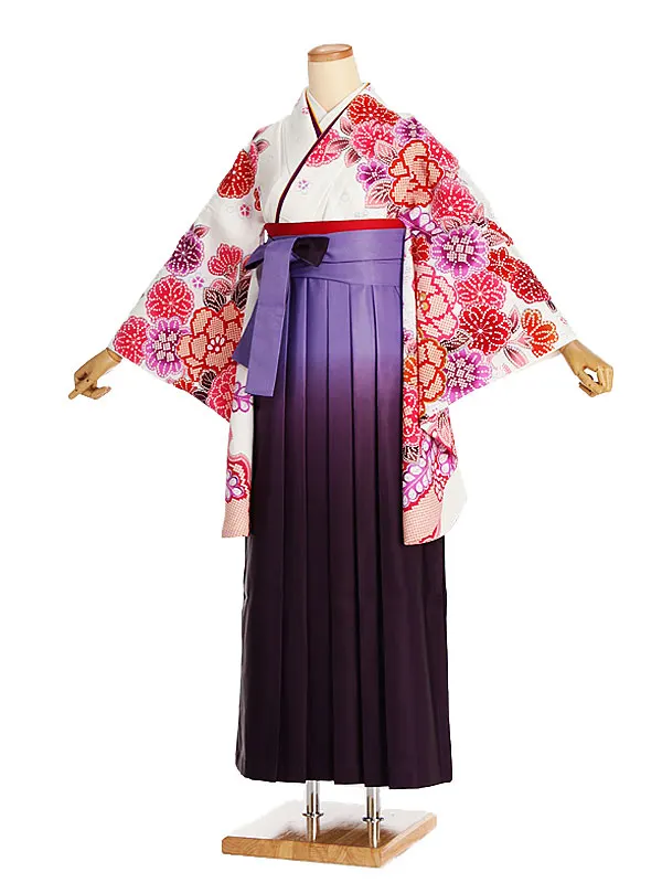 女性袴レンタル0760 白かなこ下がり藤×紫ｸﾞﾗﾃﾞ