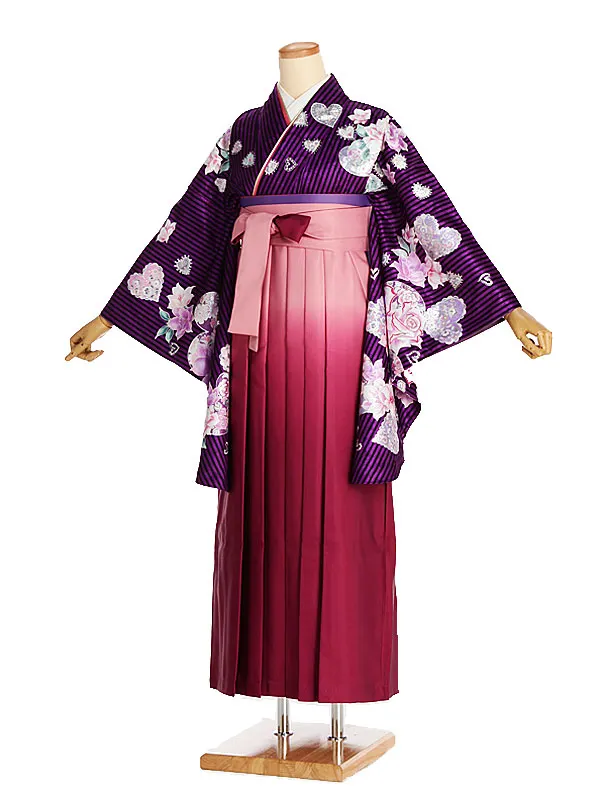 女性袴レンタル0761 紫黒線ﾗﾒﾊｰﾄﾊﾞﾗ×ﾋﾟﾝｸｸﾞﾗﾃﾞ