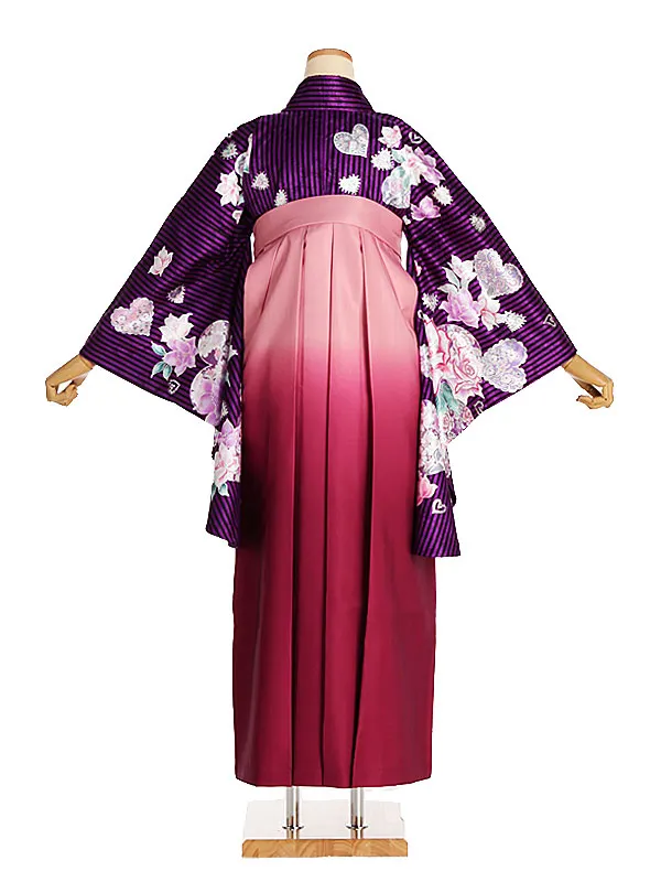 女性袴レンタル0761 紫黒線ﾗﾒﾊｰﾄﾊﾞﾗ×ﾋﾟﾝｸｸﾞﾗﾃﾞ