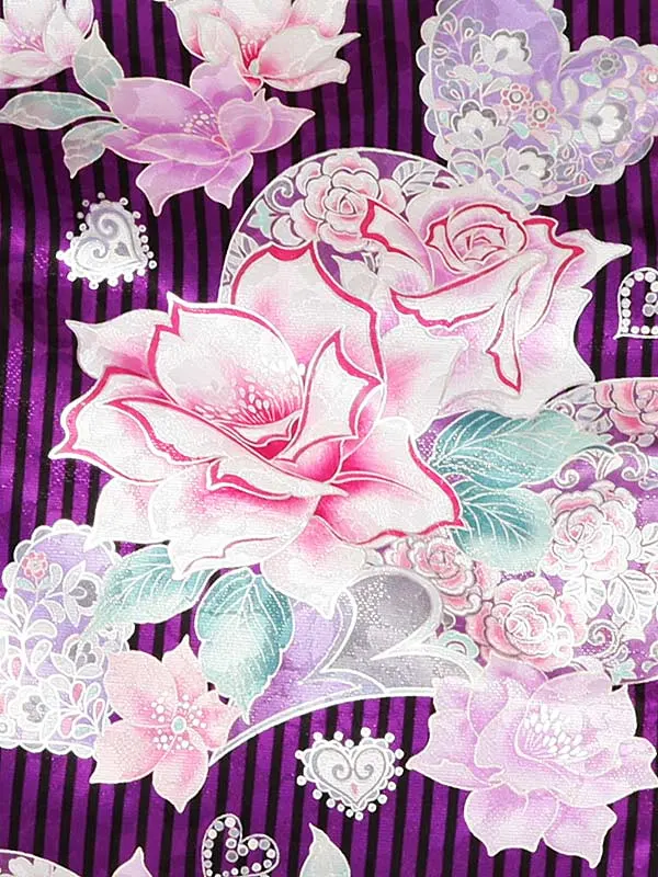 女性袴レンタル0761 紫黒線ﾗﾒﾊｰﾄﾊﾞﾗ×ﾋﾟﾝｸｸﾞﾗﾃﾞ