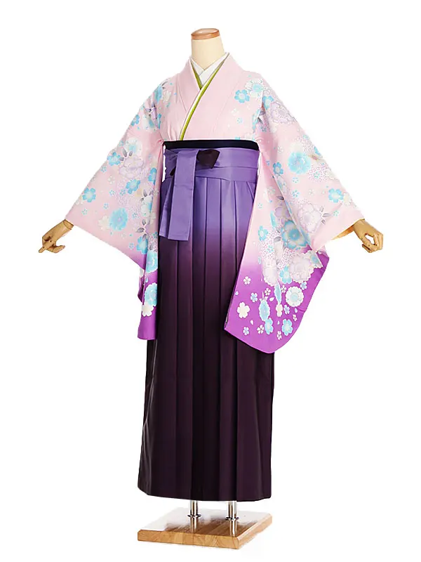 女性袴レンタル0762 ﾋﾟﾝｸ紫ぼかしﾌﾞﾙｰ桜×紫ｸﾞﾗﾃﾞ