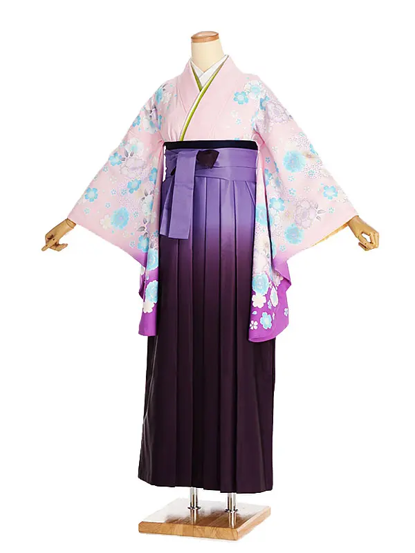 女性袴レンタル0762 ﾋﾟﾝｸ紫ぼかしﾌﾞﾙｰ桜×紫ｸﾞﾗﾃﾞ