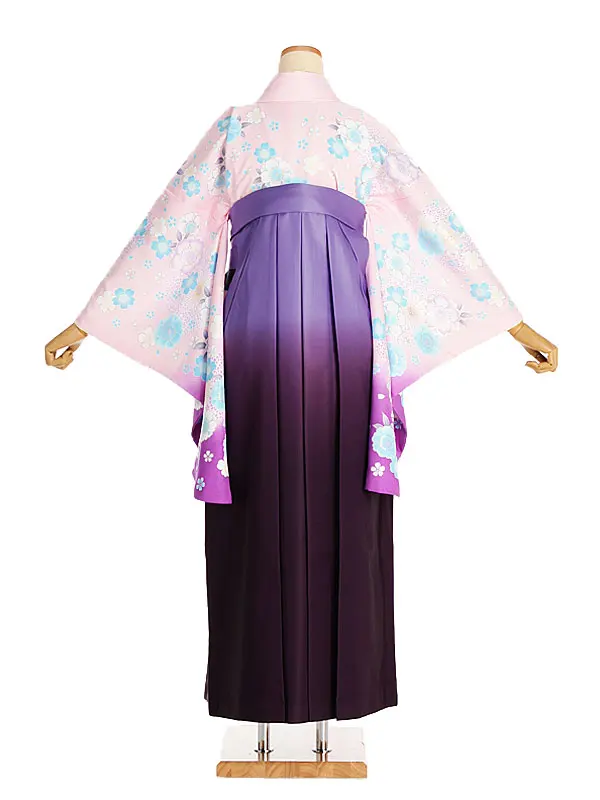 女性袴レンタル0762 ﾋﾟﾝｸ紫ぼかしﾌﾞﾙｰ桜×紫ｸﾞﾗﾃﾞ