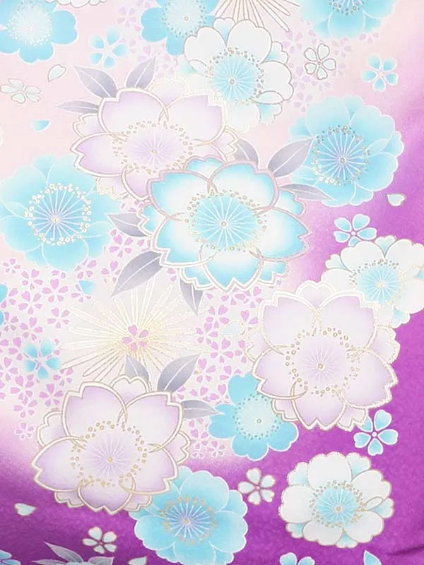 女性袴レンタル0762 ﾋﾟﾝｸ紫ぼかしﾌﾞﾙｰ桜×紫ｸﾞﾗﾃﾞ