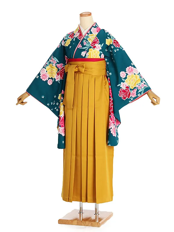 女性袴レンタル0765 ｴﾒﾗﾙﾄﾞｸﾞﾘｰﾝﾊﾞﾗ×からし