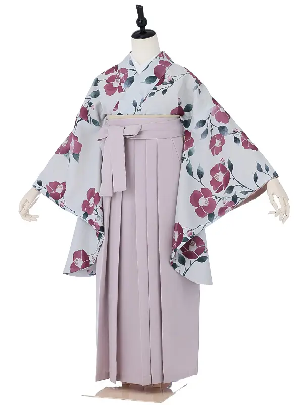 女性袴0783 薄グレー 赤 椿