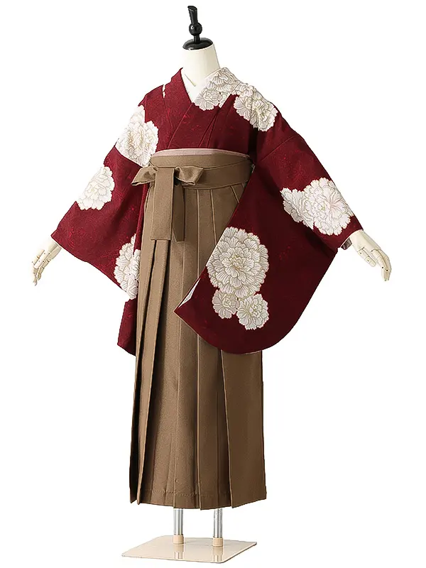 女性袴0786 えんじ 白 牡丹