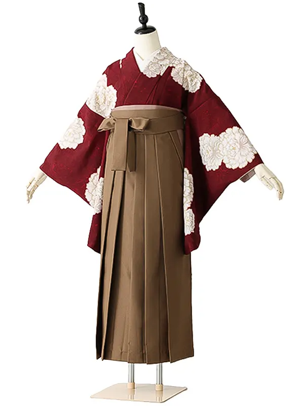 女性袴0786 えんじ 白 牡丹