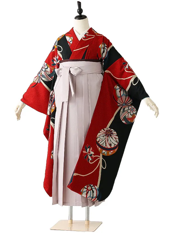 女性袴0787 【振袖袴セット】赤 黒 鞠 レトロ