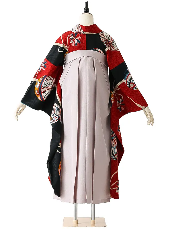 女性袴0787 【振袖袴セット】赤 黒 鞠 レトロ