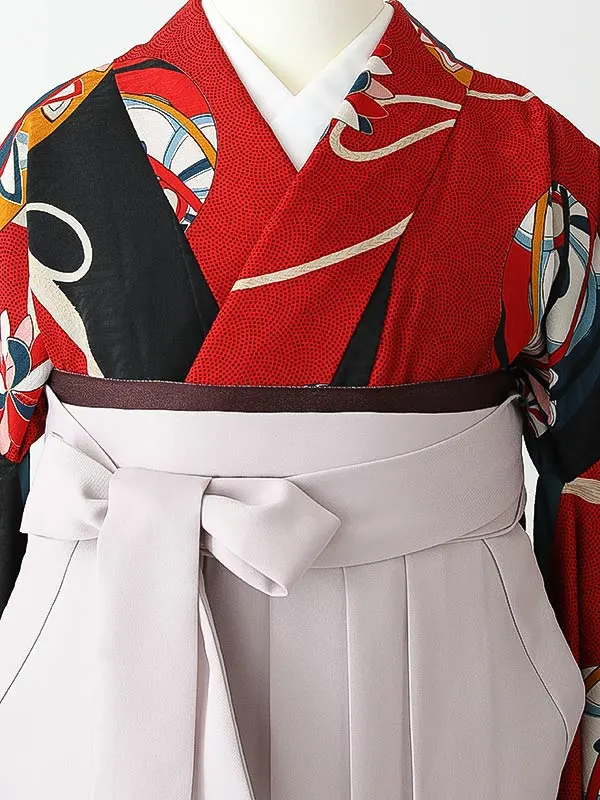 女性袴0787 【振袖袴セット】赤 黒 鞠 レトロ