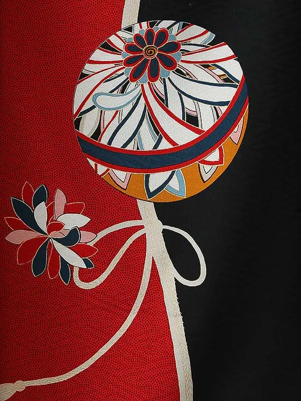 女性袴0787 【振袖袴セット】赤 黒 鞠 レトロ