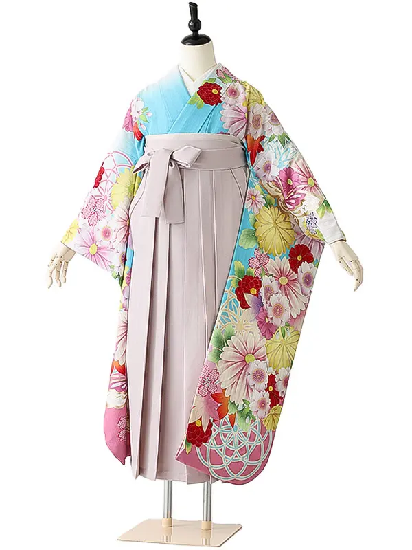 女性袴0788 【振袖袴セット】水色 レトロ 菊 ジャパンスタイル