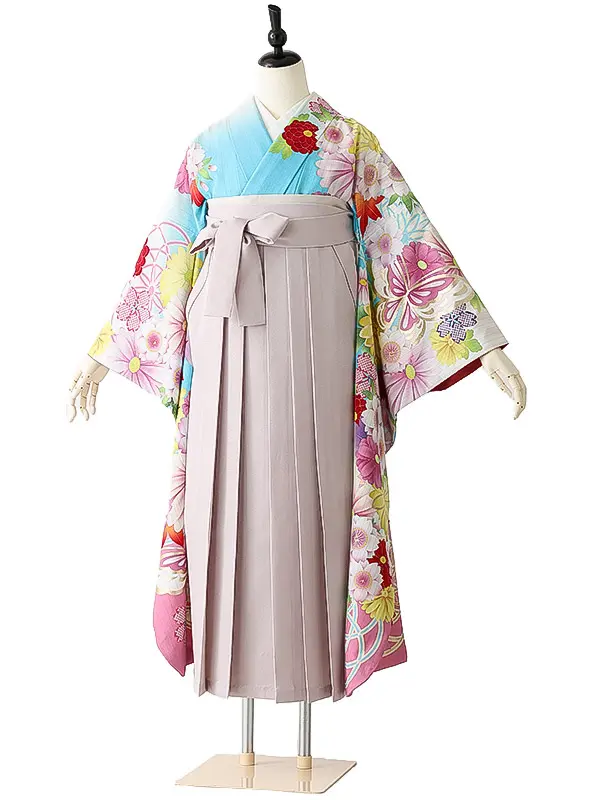 女性袴0788 【振袖袴セット】水色 レトロ 菊 ジャパンスタイル