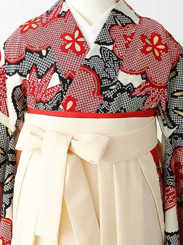 女性袴0789 【振袖袴セット】黒 赤 白 梅 絞り九重