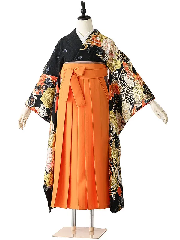 女性袴0790 【振袖袴セット】黒 バラ 牡丹 蝶 正絹