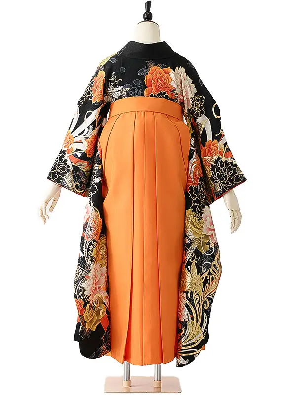 女性袴0790 【振袖袴セット】黒 バラ 牡丹 蝶 正絹