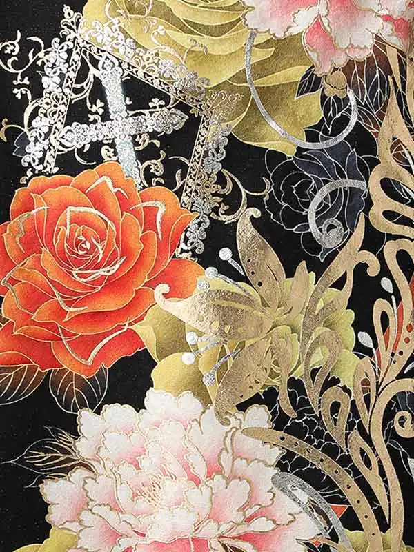 女性袴0790 【振袖袴セット】黒 バラ 牡丹 蝶 正絹